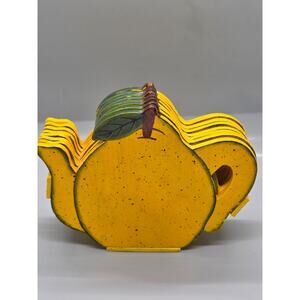 VTG 6 Pear Teapot Shape Hand Painted Wood Coasters w/ Holder 1960s Coaster SET